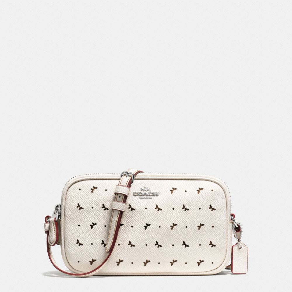 CROSSBODY POUCH IN PERFORATED CROSSGRAIN LEATHER - f59792 - SILVER/CHALK