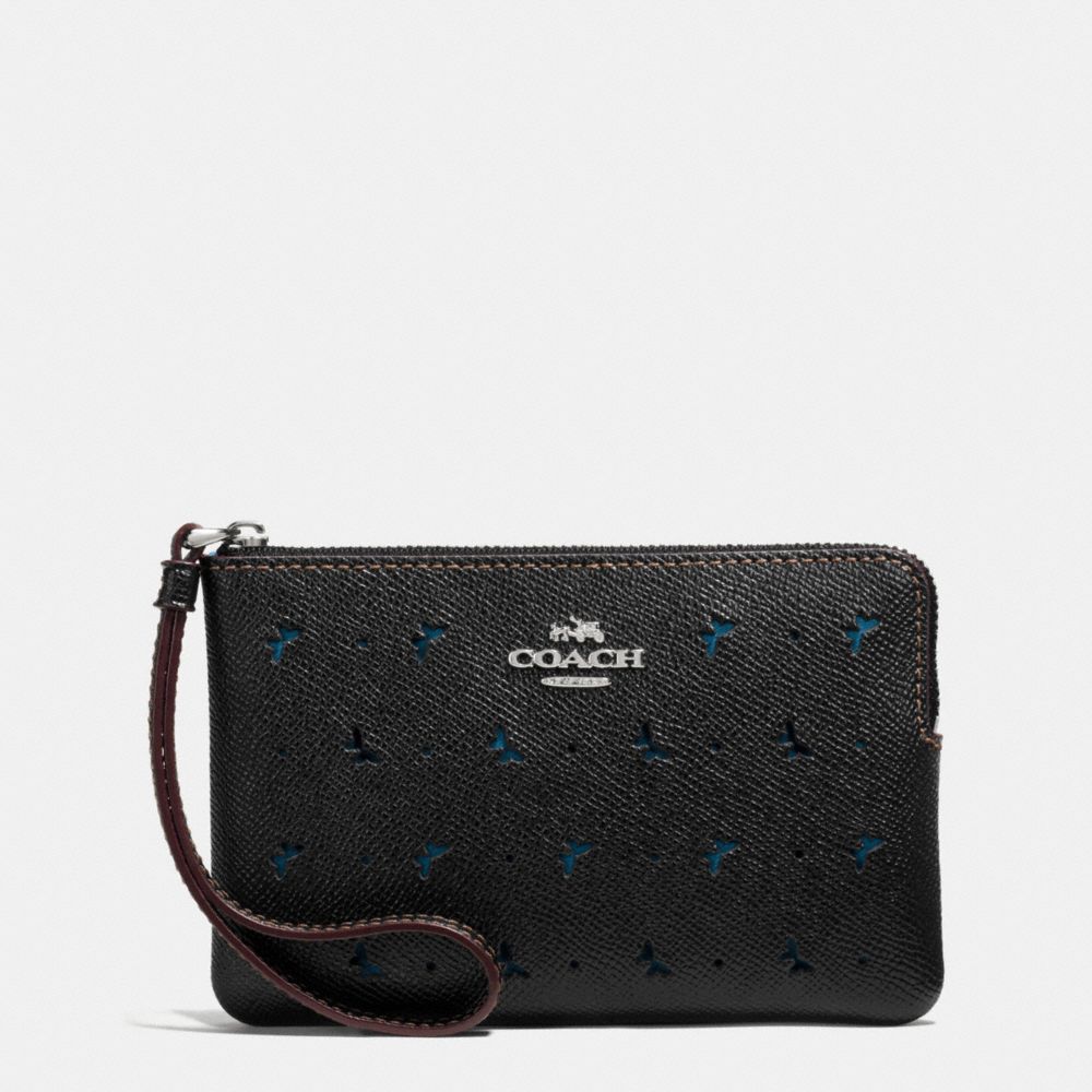 CORNER ZIP WRISTLET IN PERFORATED CROSSGRAIN LEATHER - SILVER/BLACK - COACH F59796