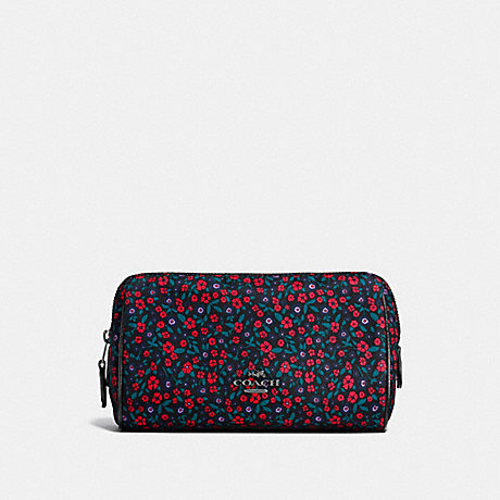 COACH f59830 COSMETIC CASE 17 IN RANCH FLORAL PRINT NYLON BLACK ANTIQUE NICKEL/BRIGHT RED