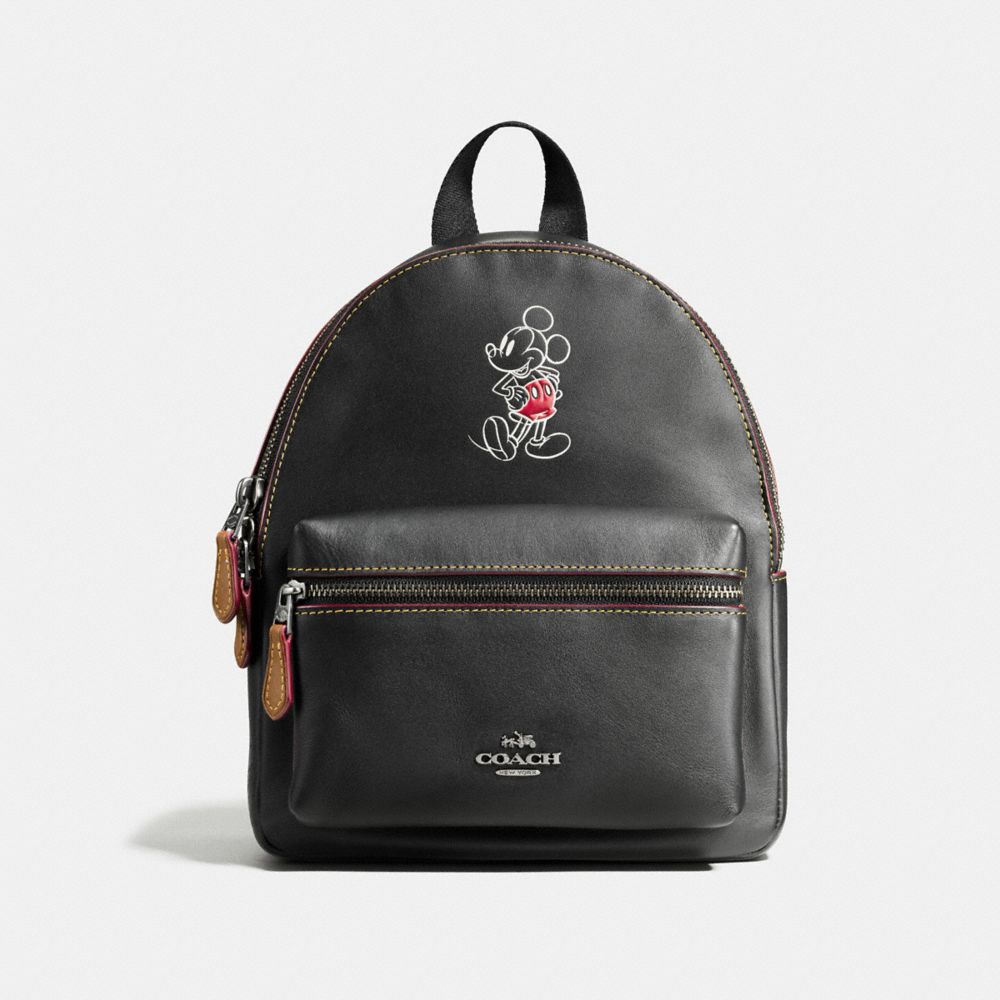 COACH F59837 Mini Charlie Backpack In Glove Calf Leather With Mickey ANTIQUE NICKEL/BLACK