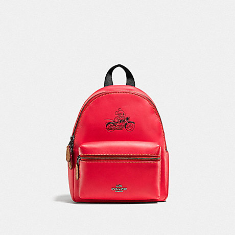 COACH f59837 MINI CHARLIE BACKPACK IN GLOVE CALF LEATHER WITH MICKEY BLACK ANTIQUE NICKEL/BRIGHT RED