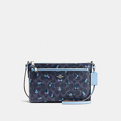COACH f59841 EAST/WEST CROSSBODY WITH POP-UP POUCH IN SIGNATURE RANCH FLORAL COATED CANVAS SILVER/DENIM MULTI