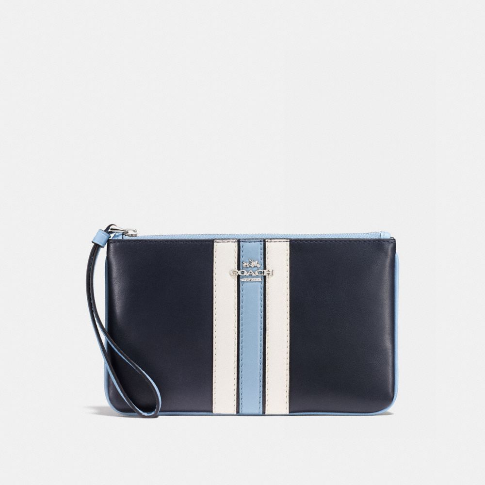 LARGE WRISTLET IN NATURAL REFINED LEATHER WITH VARSITY STRIPE - f59843 - SILVER/MIDNIGHT