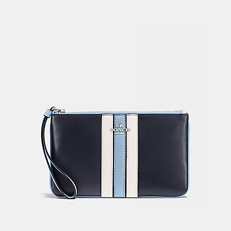 COACH F59843 LARGE WRISTLET IN NATURAL REFINED LEATHER WITH VARSITY STRIPE SILVER/MIDNIGHT