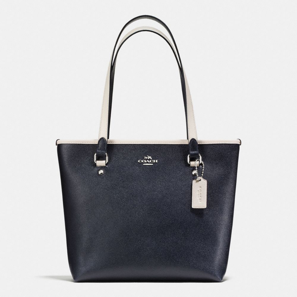 ZIP TOP TOTE IN CROSSGRAIN LEATHER - f59855 - SILVER/MIDNIGHT