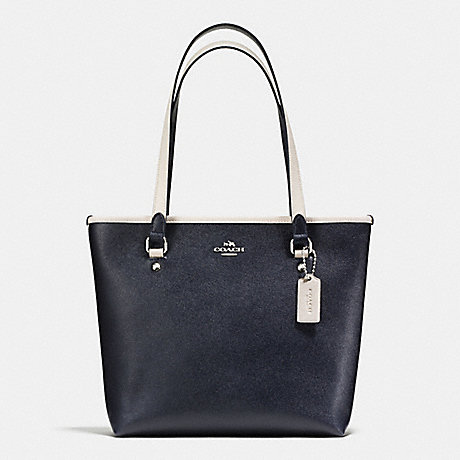 COACH F59855 ZIP TOP TOTE IN CROSSGRAIN LEATHER SILVER/MIDNIGHT