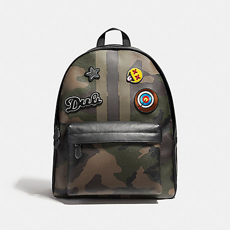 COACH f59906 CHARLES BACKPACK IN PRINTED COATED CANVAS WITH VARSITY CAMO PATCHES BLACK ANTIQUE NICKEL/DARK GREEN CAMO