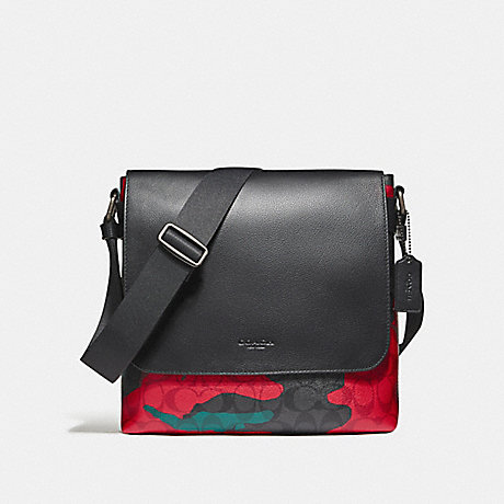 COACH f59915 CHARLES SMALL MESSENGER IN ANIMATED CAMO SIGNATURE COATED CANVAS BLACK ANTIQUE NICKEL/CHARCOAL/RED CAMO