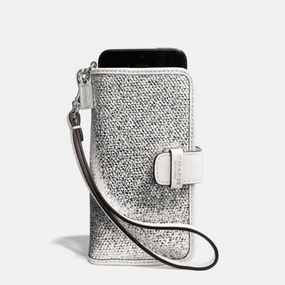 COACH BLEECKER PHONE WRISTLET IN METALLIC CRACKLE CANVAS -  SILVER/WHITE - f62173