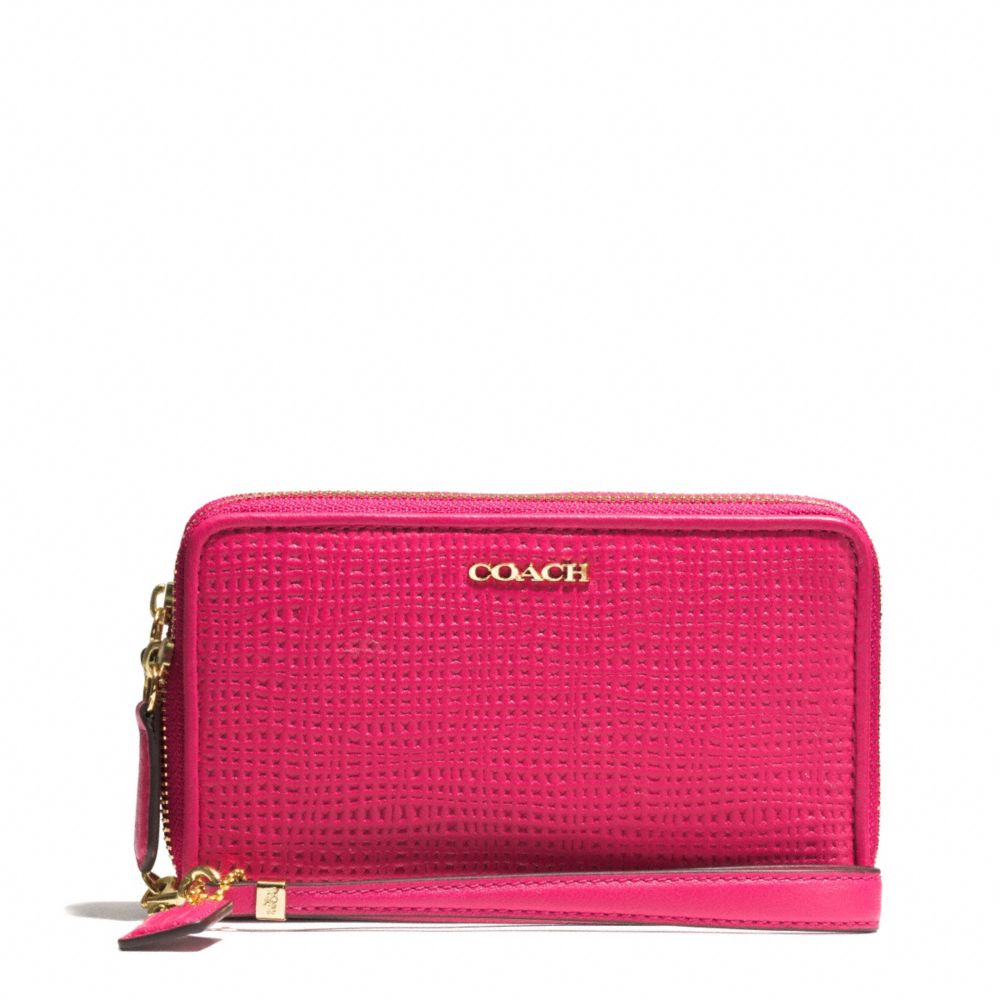 COACH F62191 MADISON DOUBLE ZIP PHONE WALLET IN EMBOSSED LEATHER -LIGHT-GOLD/PINK-RUBY