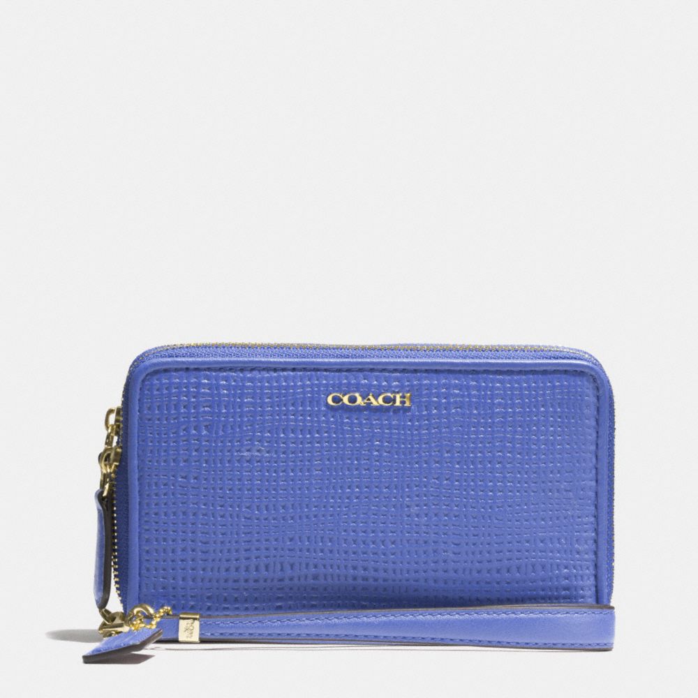 COACH F62191 Madison Double Zip Phone Wallet In Embossed Leather LIGHT GOLD/PORCELAIN BLUE