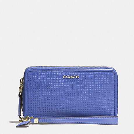 COACH f62191 MADISON DOUBLE ZIP PHONE WALLET IN EMBOSSED LEATHER LIGHT GOLD/PORCELAIN BLUE