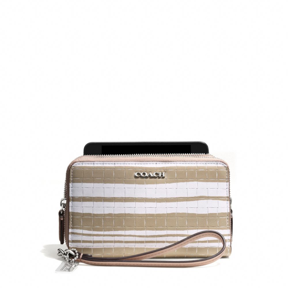 COACH F62249 BLEECKER EMBOSSED WOVEN LEATHER DOUBLE ZIP PHONE WALLET SILVER/FAWN/WHITE