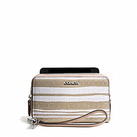 COACH F62249 BLEECKER EMBOSSED WOVEN LEATHER DOUBLE ZIP PHONE WALLET SILVER/FAWN/WHITE