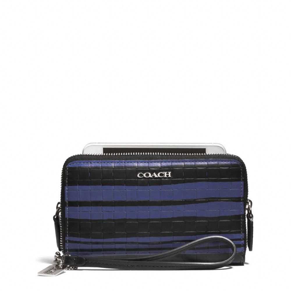 COACH F62249 Bleecker Embossed Woven Leather Double Zip Phone Wallet SILVER/BLUE INDIGO/BLACK