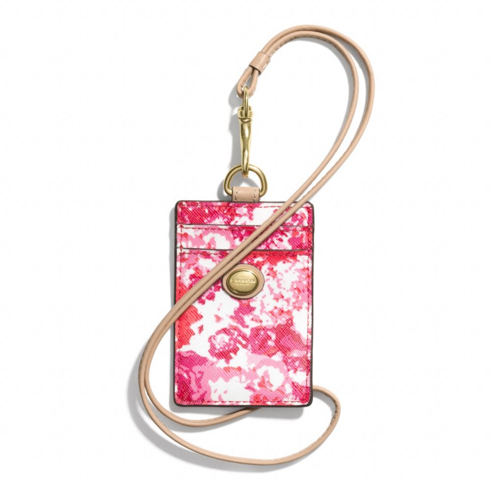 COACH F62400 Peyton Floral Print Lanyard Id Case BRASS/PINK MULTICOLOR