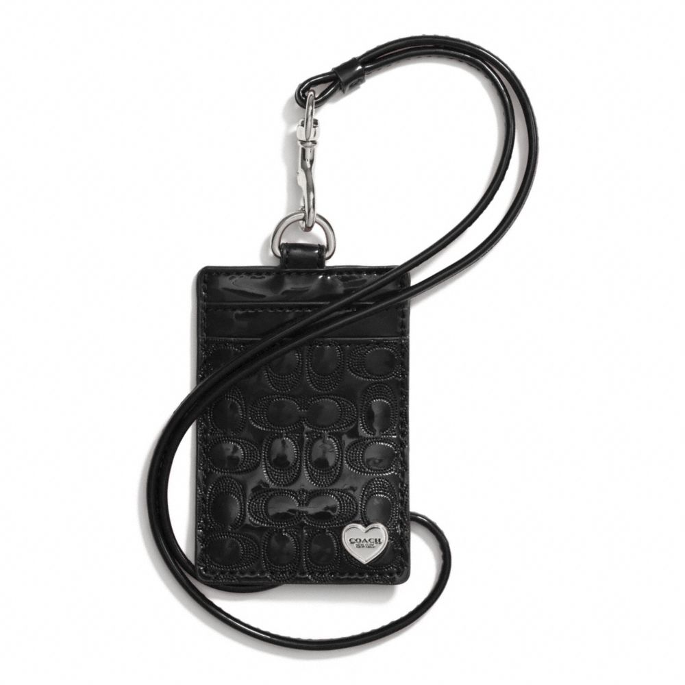 COACH f62406 PERFORATED EMBOSSED LIQUID GLOSS LANYARD ID CASE SILVER/BLACK