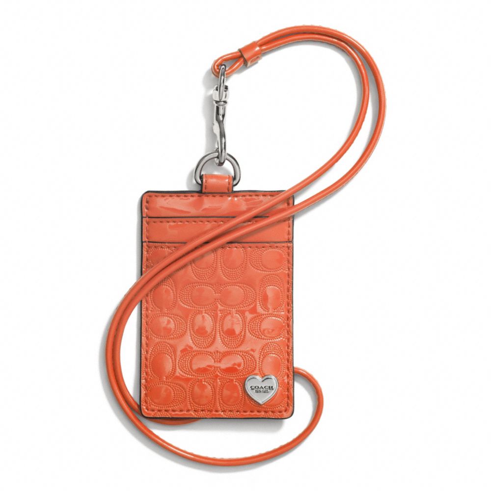 COACH f62406 PERFORATED EMBOSSED LIQUID GLOSS LANYARD ID CASE SILVER/ORANGE