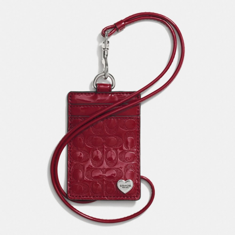 PERFORATED EMBOSSED LIQUID GLOSS LANYARD ID CASE - SILVER/RED - COACH F62406