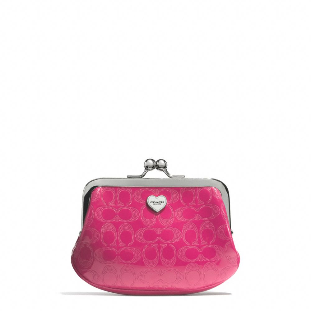 COACH F62407 Perforated Embossed Liquid Gloss Framed Coin Purse SILVER/FUCHSIA