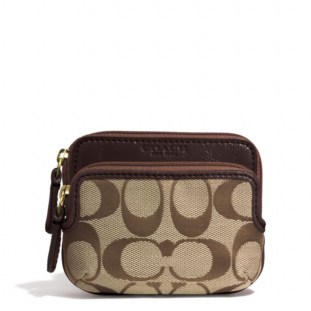 COACH PARK SIGNATURE DOUBLE ZIP COIN WALLET - BRASS/KHAKI/MAHOGANY - f62545