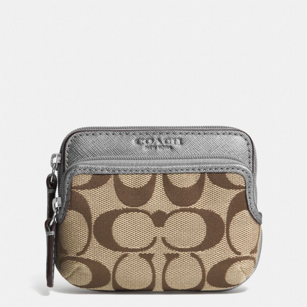 COACH PARK SIGNATURE DOUBLE ZIP COIN WALLET - SILVER/KHAKI/PEWTER - f62545