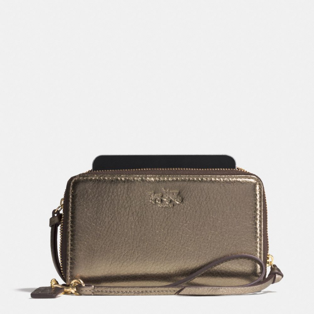 COACH f62584 BLEECKER DOUBLE ZIP PHONE WALLET IN METALLIC LEATHER  GOLD/GOLD