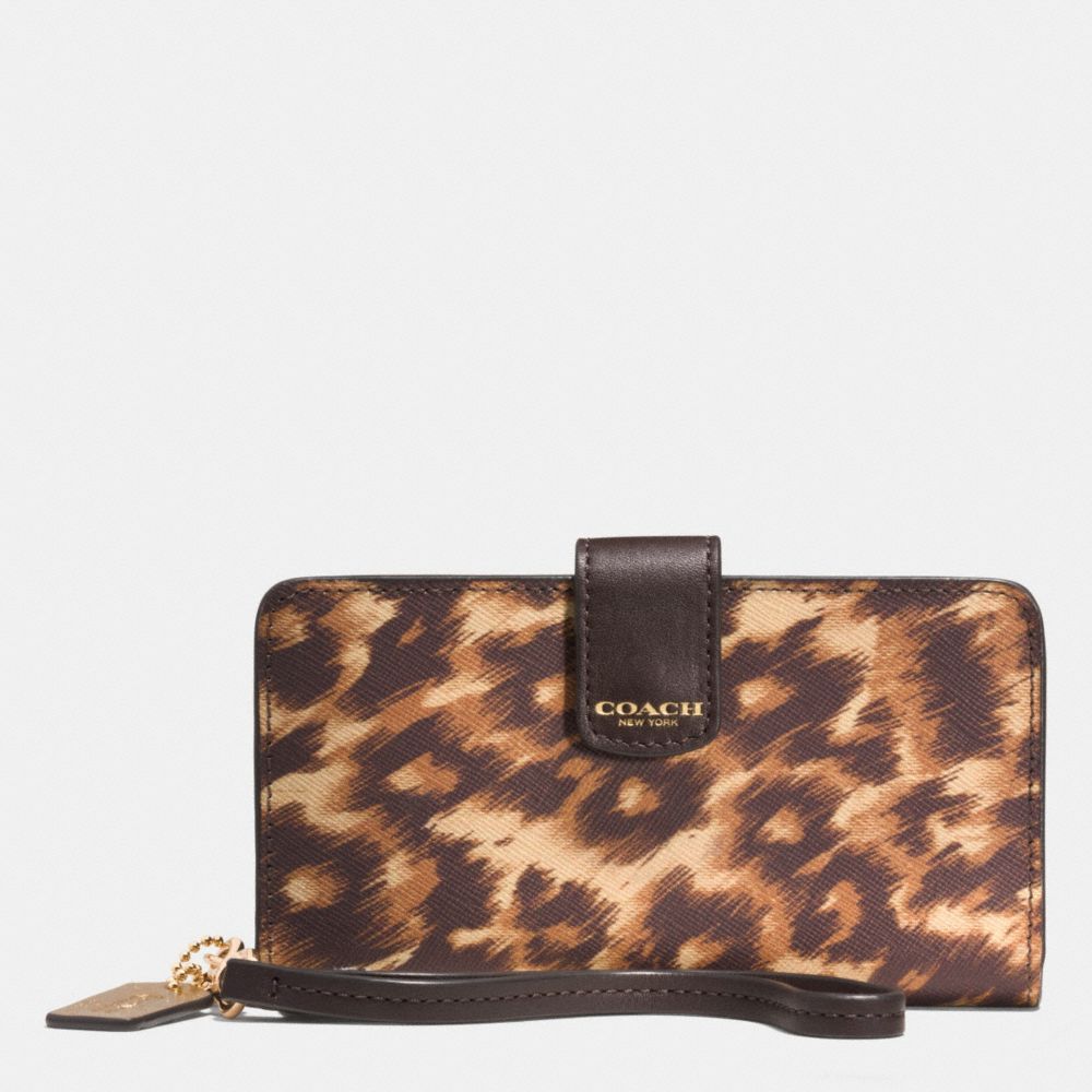 COACH F62608 Phone Wallet In Ocelot Print Saffiano Leather  LIGHT GOLD/BROWN MULTI