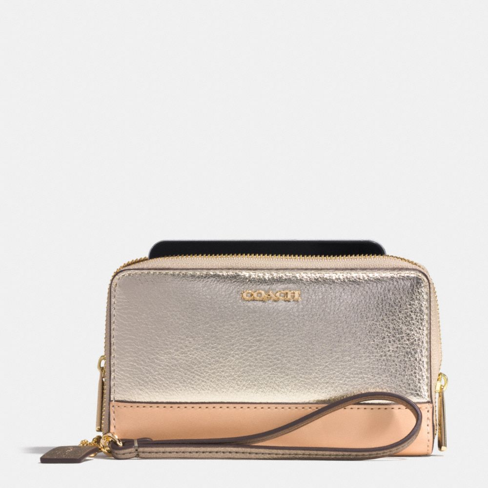 COACH F62612 Double Zip Phone Wallet In Saffiano Colorblock Mixed Material  LIGHT GOLD/PLATINUM MULTI