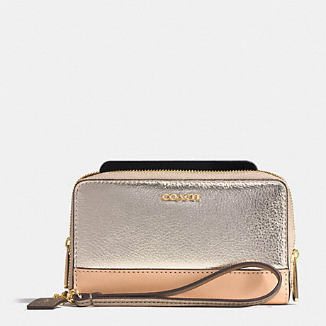 COACH F62612 DOUBLE ZIP PHONE WALLET IN SAFFIANO COLORBLOCK MIXED MATERIAL -LIGHT-GOLD/PLATINUM-MULTI