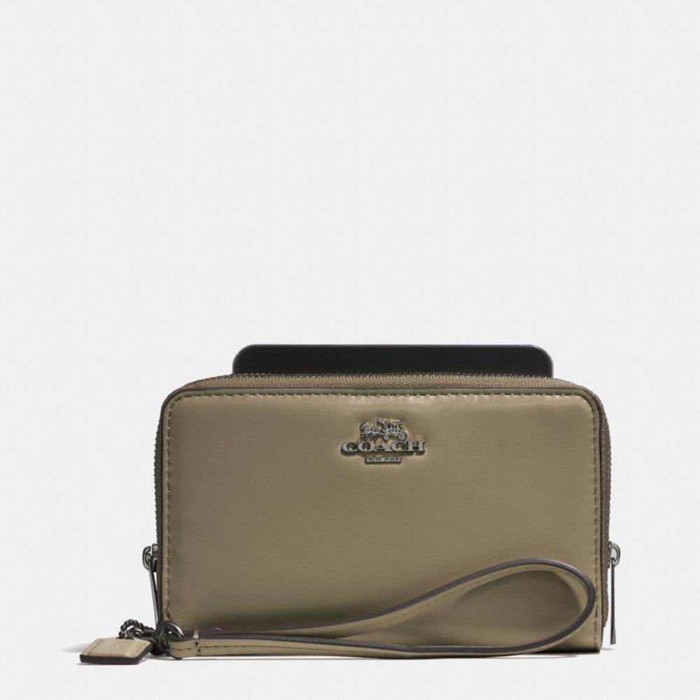 COACH f62613 MADISON DOUBLE ZIP PHONE WALLET IN LEATHER  BLACK ANTIQUE NICKEL/OLIVE GREY