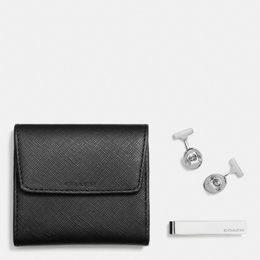 COACH BOXED CUFFLINK AND TIE BAR SET - BLACK - f62692