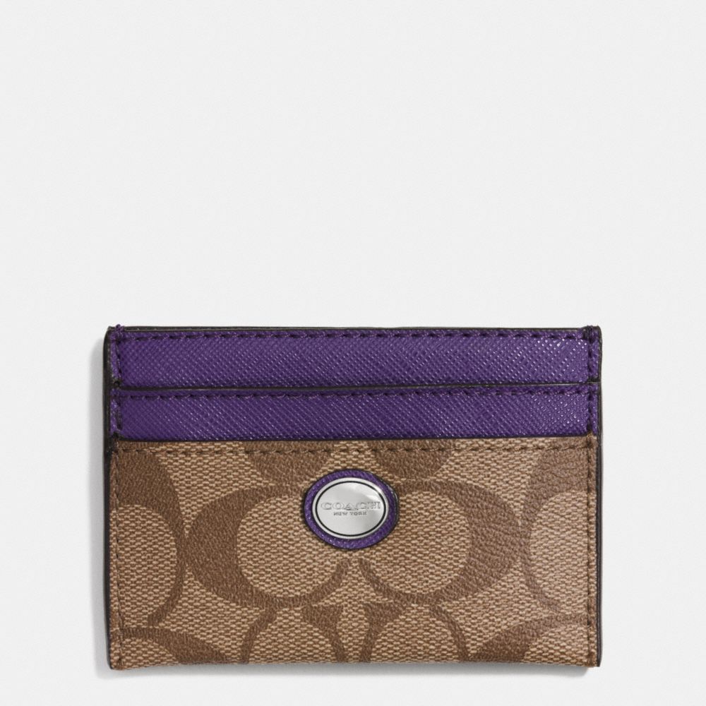 COACH f62861 PEYTON SIGNATURE CARD CASE SILVER/KHAKI/VIOLET