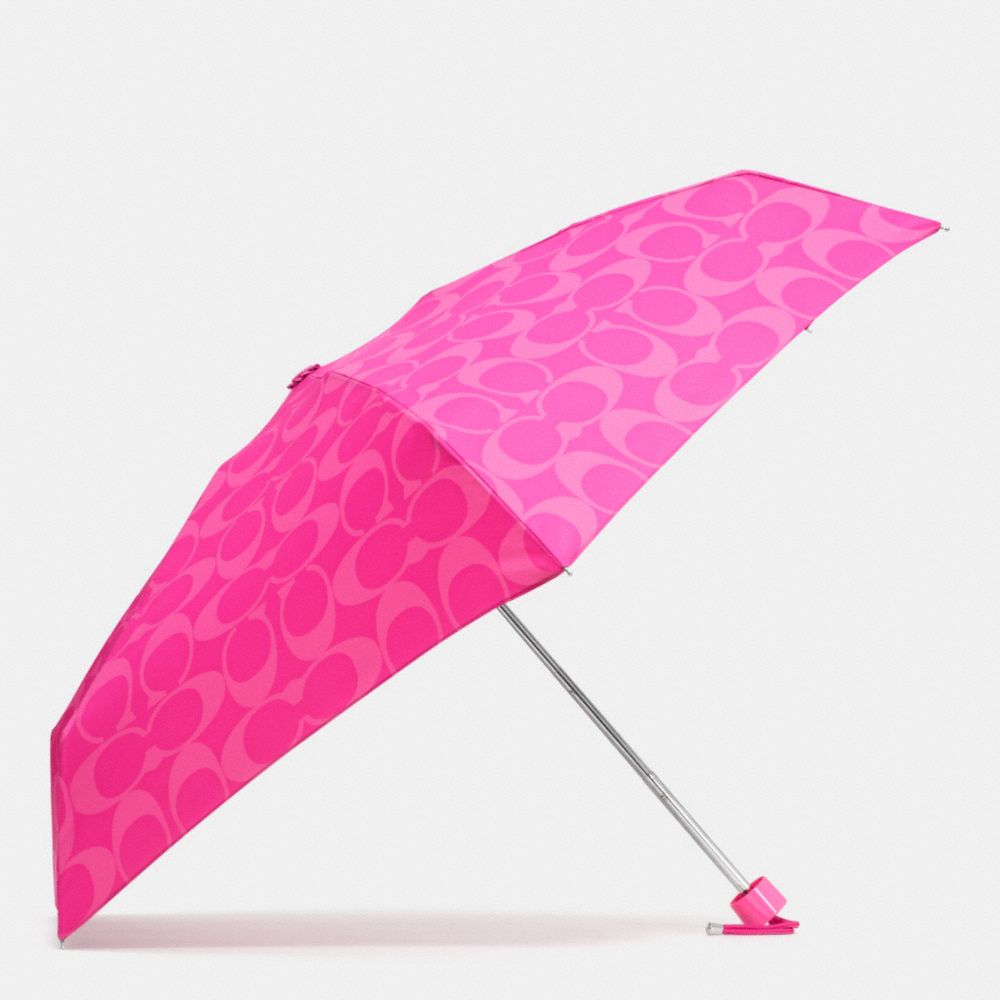 COACH PERFORATED EMBOSSED LIQUID GLOSS SIGNATURE MINI UMBRELLA - SILVER/FUCHSIA - f62962