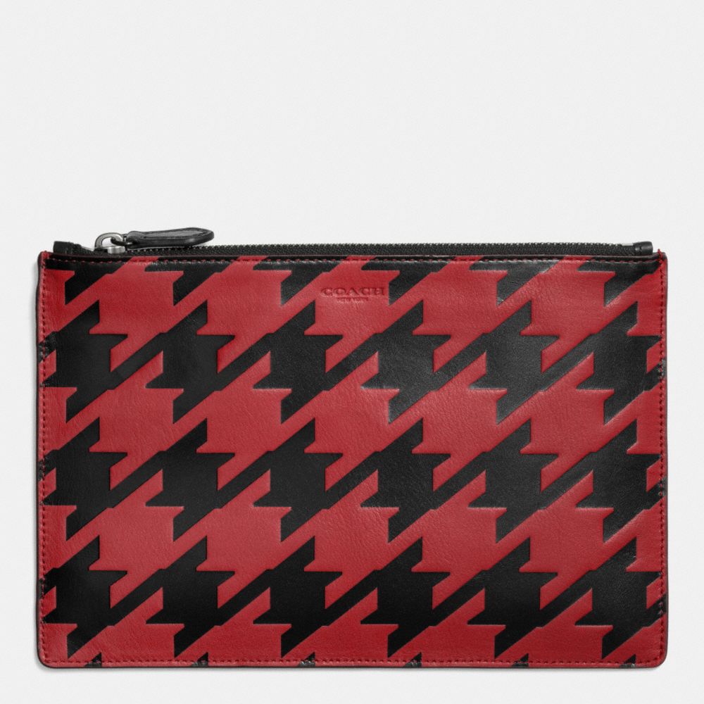 COACH F63013 LARGE POUCH IN HOUNDSTOOTH LEATHER RED-CURRANT/BLACK