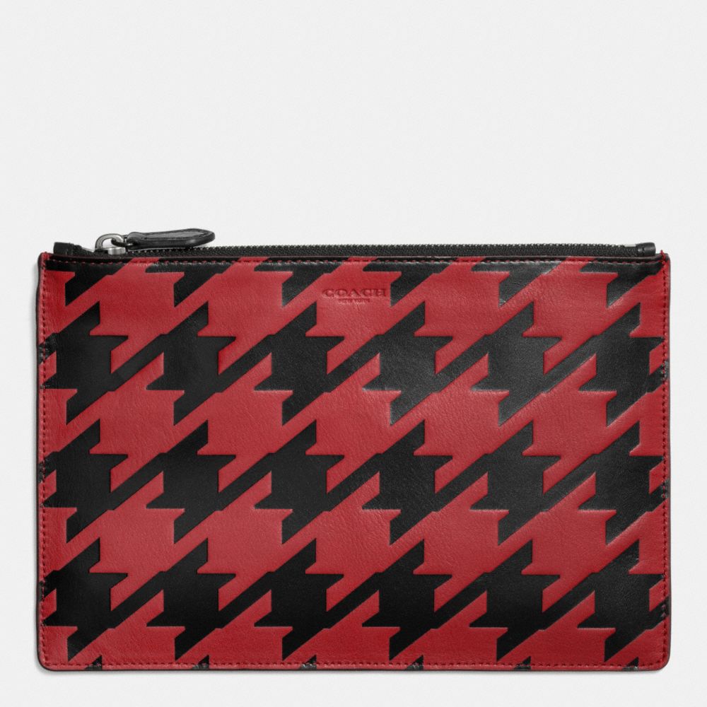 COACH f63013 LARGE POUCH IN HOUNDSTOOTH LEATHER RED CURRANT/BLACK