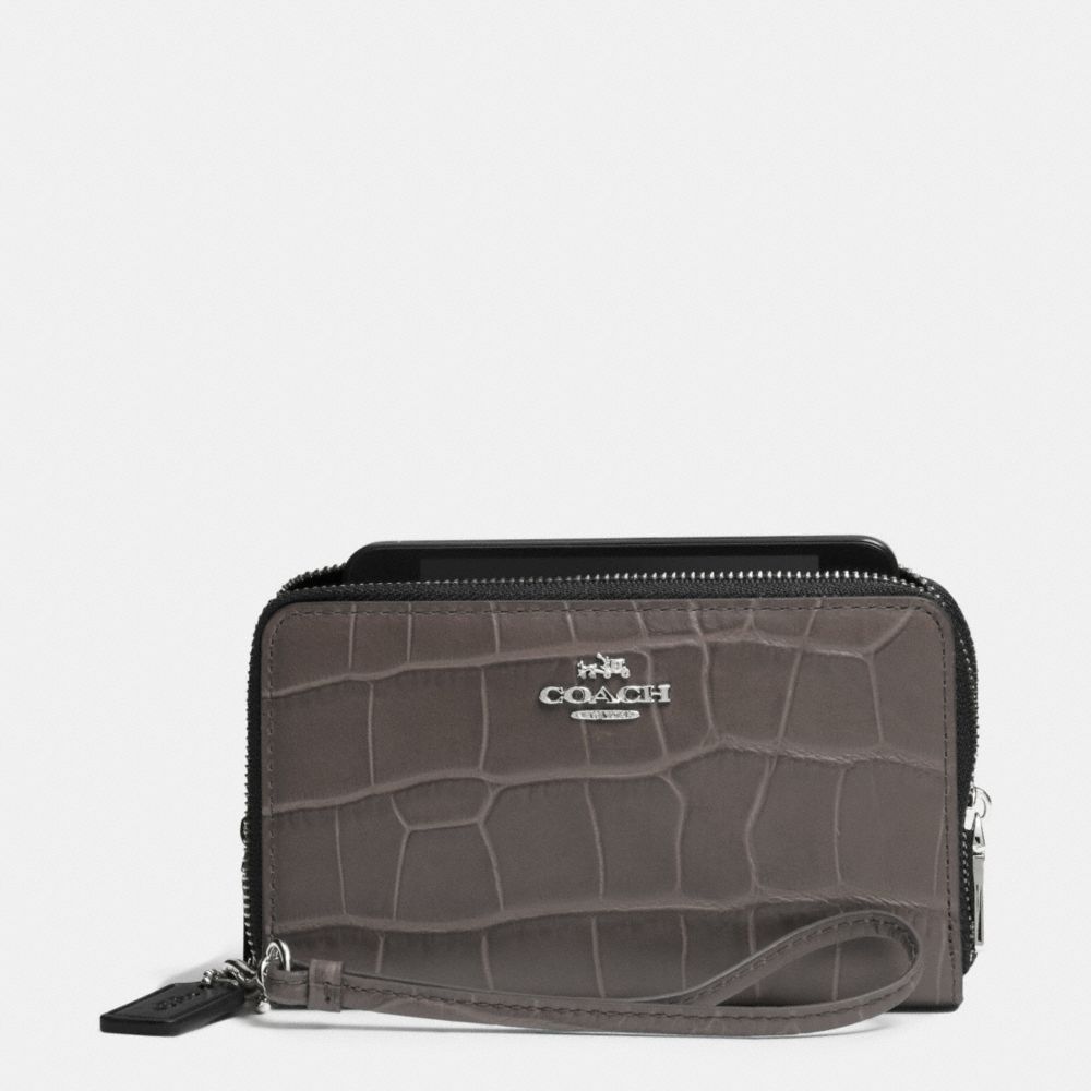 COACH DOUBLE ZIP PHONE WALLET IN CROC EMBOSSED LEATHER - SILVER/MINK - F63104