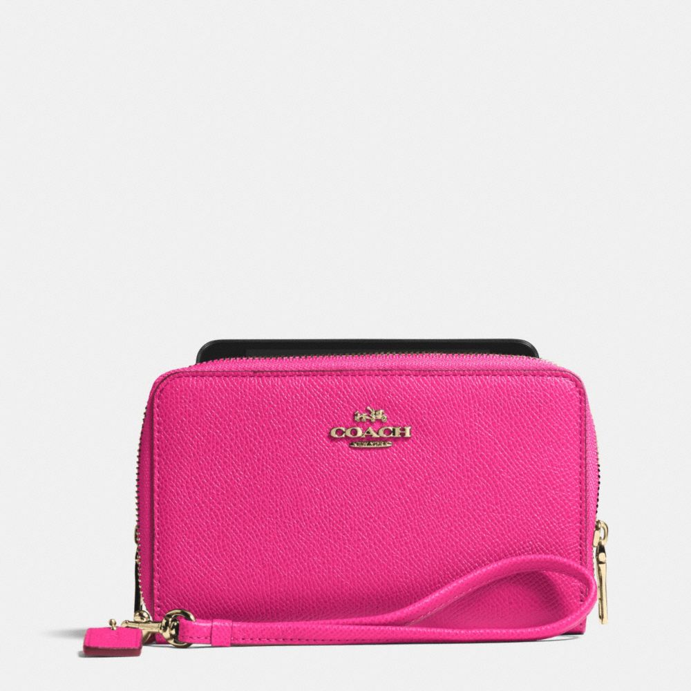 COACH F63112 DOUBLE ZIP PHONE WALLET IN EMBOSSED TEXTURED LEATHER LIGHT-GOLD/PINK-RUBY