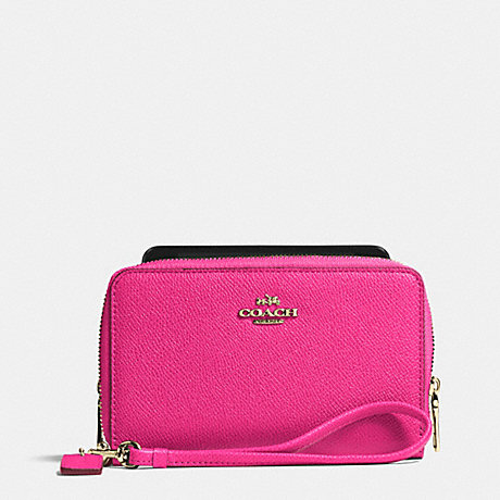 COACH DOUBLE ZIP PHONE WALLET IN EMBOSSED TEXTURED LEATHER - LIGHT GOLD/PINK RUBY - f63112