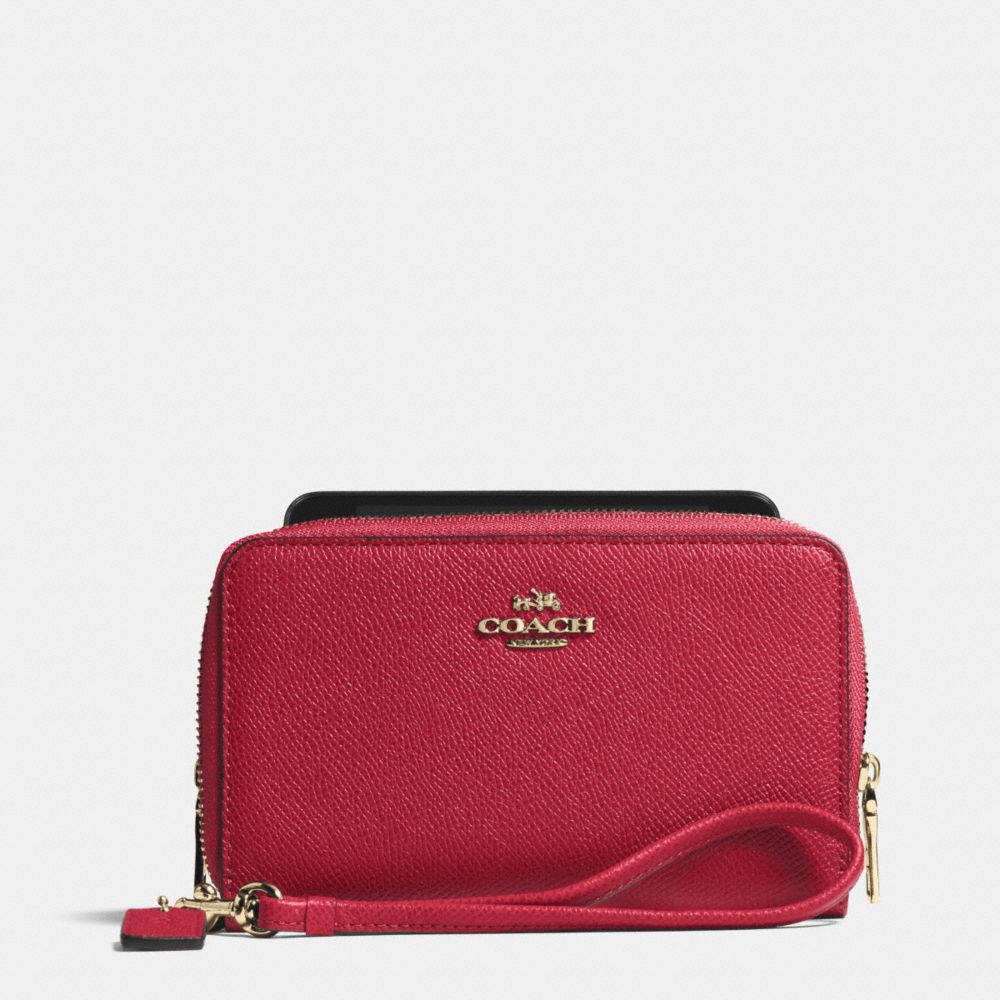 COACH f63112 DOUBLE ZIP PHONE WALLET IN EMBOSSED TEXTURED LEATHER  LIGHT GOLD/RED CURRANT