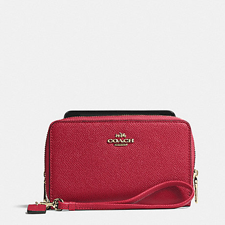 COACH DOUBLE ZIP PHONE WALLET IN EMBOSSED TEXTURED LEATHER -  LIGHT GOLD/RED CURRANT - f63112
