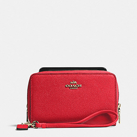 COACH F63112 DOUBLE ZIP PHONE WALLET IN EMBOSSED TEXTURED LEATHER -LIGHT-GOLD/RED