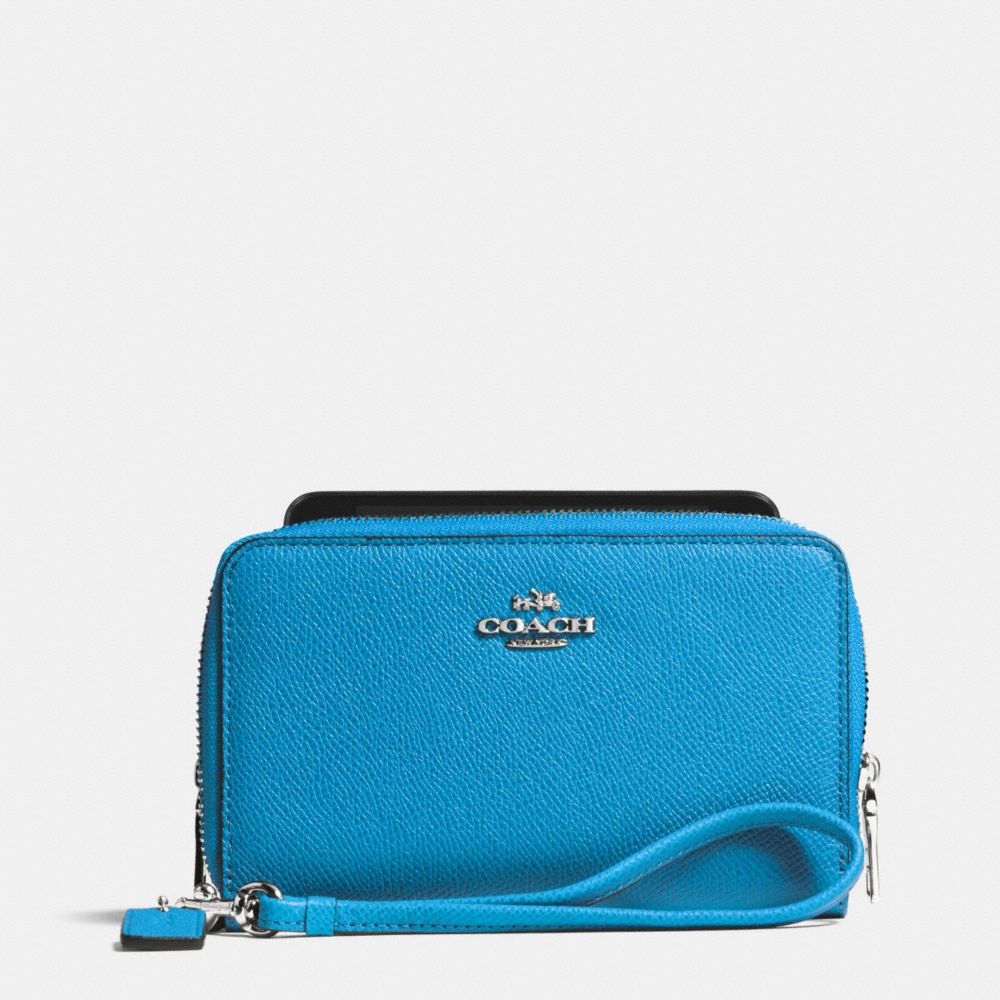 COACH DOUBLE ZIP PHONE WALLET IN CROSSGRAIN LEATHER - SILVER/AZURE - F63112