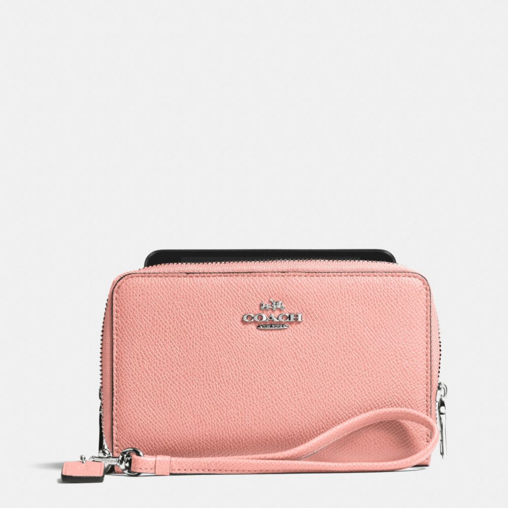 COACH DOUBLE ZIP PHONE WALLET IN CROSSGRAIN LEATHER - SILVER/BLUSH - F63112