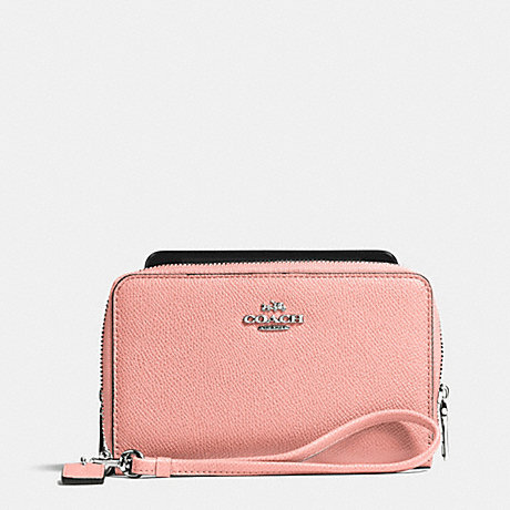 COACH DOUBLE ZIP PHONE WALLET IN CROSSGRAIN LEATHER - SILVER/BLUSH - f63112