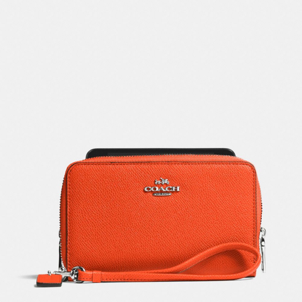 COACH f63112 DOUBLE ZIP PHONE WALLET IN EMBOSSED TEXTURED LEATHER  SILVER/CORAL