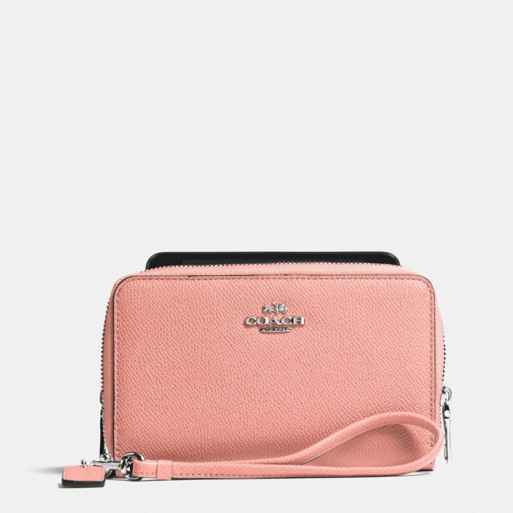 COACH f63112 DOUBLE ZIP PHONE WALLET IN EMBOSSED TEXTURED LEATHER  SILVER/PINK