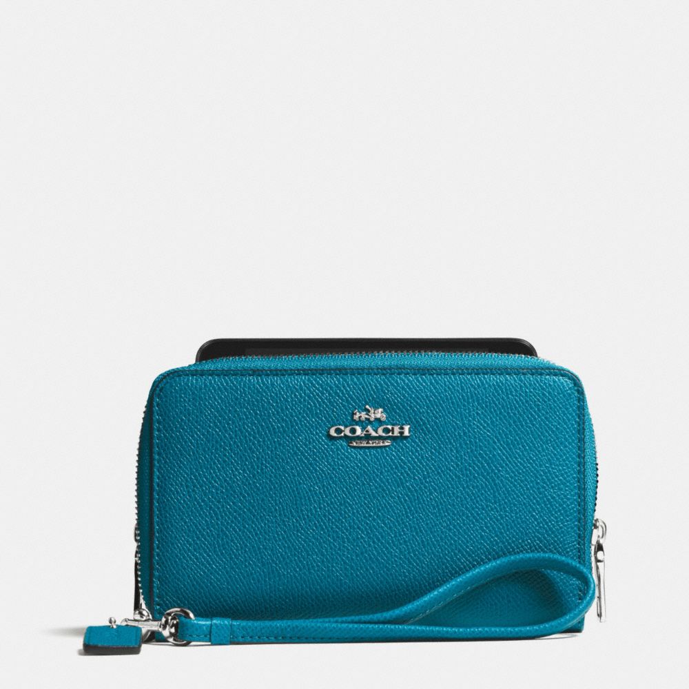 DOUBLE ZIP PHONE WALLET IN EMBOSSED TEXTURED LEATHER - SILVER/TEAL - COACH F63112