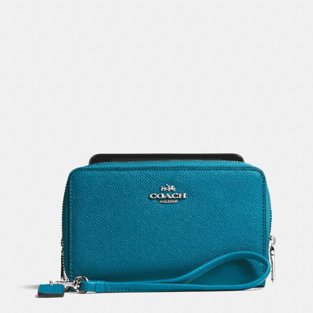 COACH F63112 DOUBLE ZIP PHONE WALLET IN EMBOSSED TEXTURED LEATHER SILVER/TEAL