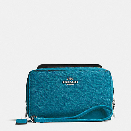 COACH DOUBLE ZIP PHONE WALLET IN EMBOSSED TEXTURED LEATHER - SILVER/TEAL - f63112